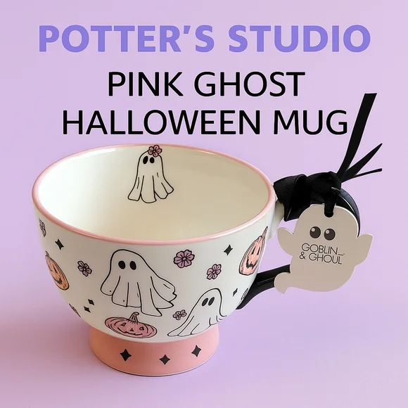 NWT Pink Pastel Ghost Halloween Mug Goblin & Ghoul Ceramic Coffee Cup Summerween - Picture 2 of 16